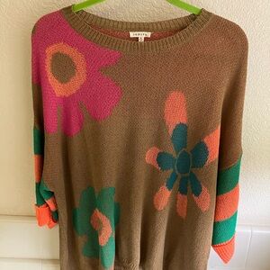 JODIFL Brown Sweater with Pink and Green Flower Design